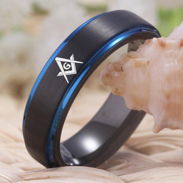 Great Gifts - Masonic Design Black Blue Tungsten Wedding Ring - The Jewellery Supermarket
